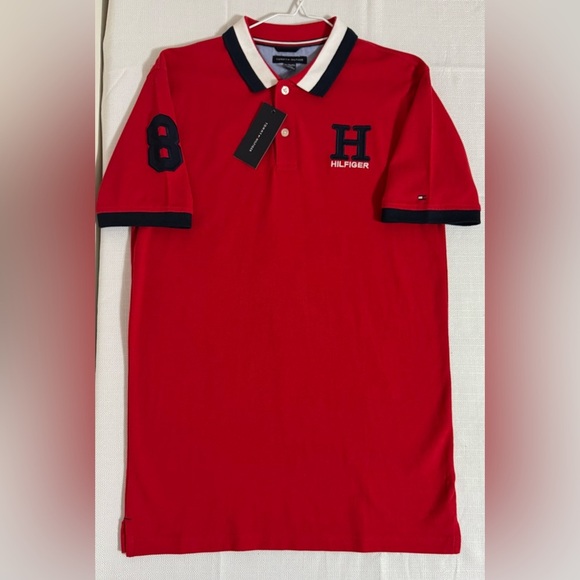 Tommy Hilfiger Boy’s Pique Polo Shirt Regal Red Stripe Collar Logo Size XL NWT - Picture 9 of 10